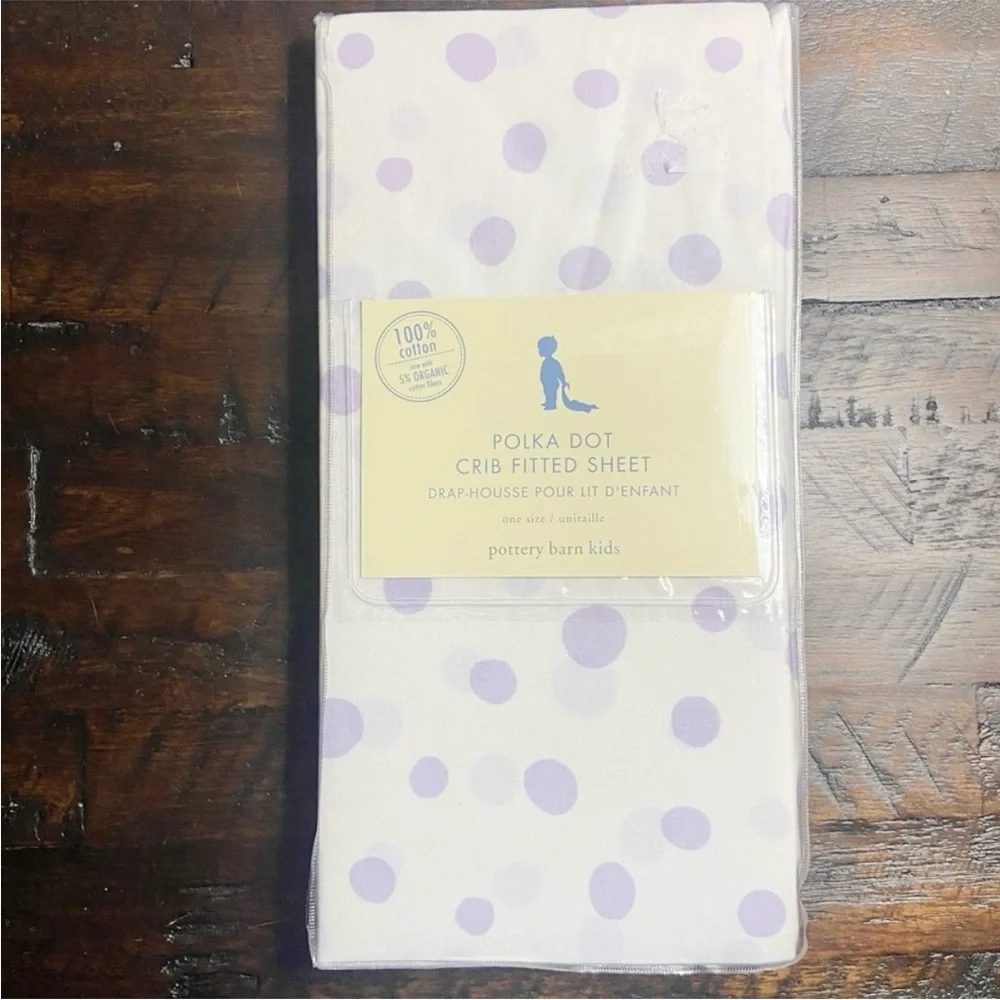 Pottery Barn Kids White Lavender Polka Dot Crib Fitted Sheet Organic Cotton NEW